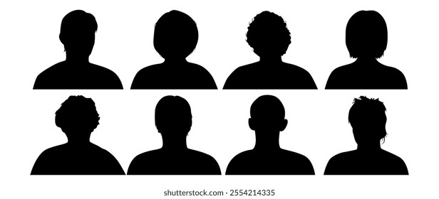 Vector flat illustration. Eight icons. Black silhouette of men and women. Avatar, user profile, person icon, profile picture. Suitable for social media profiles, icons, screensavers and as a template.