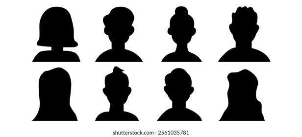 Vector flat illustration. Eight icons. Black silhouette of men and women. Avatar, user profile, person icon, profile picture. Suitable for social media profiles, icons, screensavers and as a template.