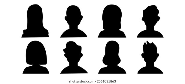 Vector flat illustration. Eight icons. Black silhouette of men and women. Avatar, user profile, person icon, profile picture. Suitable for social media profiles, icons, screensavers and as a template.