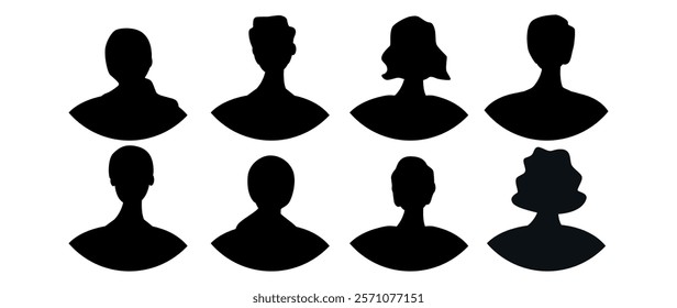 Vector flat illustration. Eight icons. Black silhouette of men and women. Avatar, user profile, person icon, profile picture. Suitable for social media profiles, icons, screensavers and as a template.