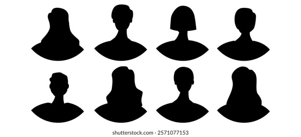 Vector flat illustration. Eight icons. Black silhouette of men and women. Avatar, user profile, person icon, profile picture. Suitable for social media profiles, icons, screensavers and as a template.