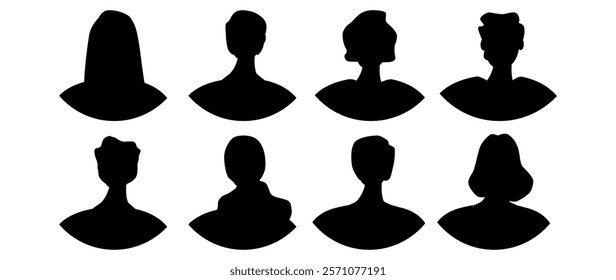 Vector flat illustration. Eight icons. Black silhouette of men and women. Avatar, user profile, person icon, profile picture. Suitable for social media profiles, icons, screensavers and as a template.