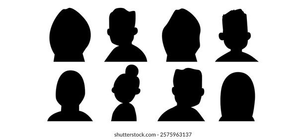 Vector flat illustration. Eight icons. Black silhouette of men and women. Avatar, user profile, person icon, profile picture. Suitable for social media profiles, icons, screensavers and as a template.