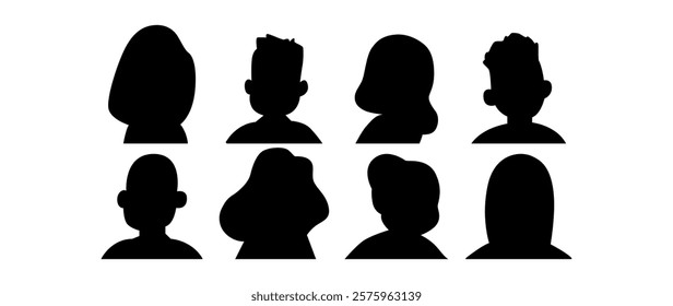 Vector flat illustration. Eight icons. Black silhouette of men and women. Avatar, user profile, person icon, profile picture. Suitable for social media profiles, icons, screensavers and as a template.