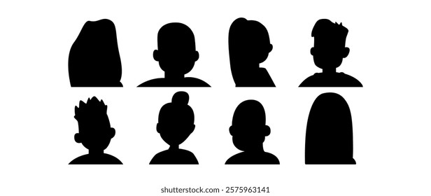 Vector flat illustration. Eight icons. Black silhouette of men and women. Avatar, user profile, person icon, profile picture. Suitable for social media profiles, icons, screensavers and as a template.