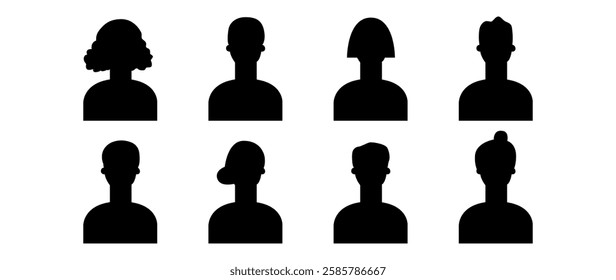 Vector flat illustration. Eight icons. Black silhouette of men and women. Avatar, user profile, person icon, profile picture. Suitable for social media profiles, icons, screensavers and as a template.
