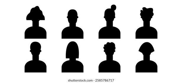 Vector flat illustration. Eight icons. Black silhouette of men and women. Avatar, user profile, person icon, profile picture. Suitable for social media profiles, icons, screensavers and as a template.