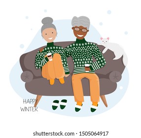 Vector Flat Illustration of Elderly Couple in Love Sitting on Sofa and Drinking Hot Chocolate. White Cat is Sleeping over Sofa. Cozy Concept Design for Merry Christmas,Winter Holidays in Cartoon Style