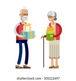 Vector flat illustration of elderly couple celebrating Christmas and give a gift. Grandfather and grandmother ready to celebrate Merry Christmas.