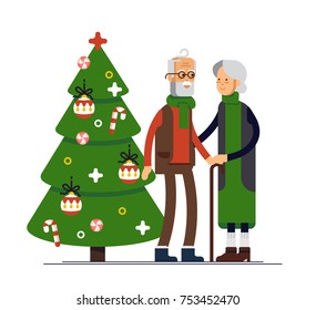 Vector flat illustration of elderly couple celebrating Christmas. Family standing together holding each other