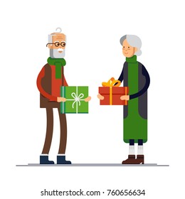 Vector flat illustration of elderly couple celebrating Christmas and give a gift. Grandfather and grandmother ready to celebrate Merry Christmas.