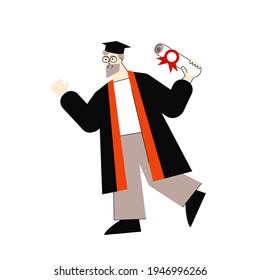 Vector flat illustration of elderly male graduate with diploma and hat.