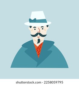 Vector flat illustration with elderly man in hat and raincoat. Modern male character isolated on blue background.