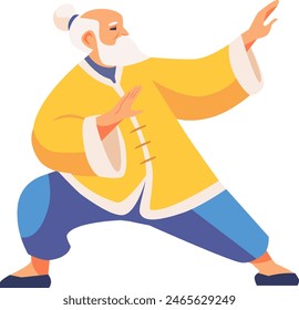 Vector flat illustration of an elderly man doing qigong and tai chi exercises