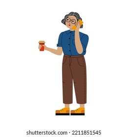 Vector flat illustration of an elderly woman with a coffee and mobile phone. Gray haired lady boss. Lady boss above 50 years