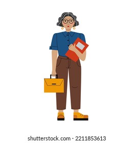 Vector flat illustration of an elderly woman with a folder with documents and briefcase. Gray haired lady boss. Lady boss above 50 years