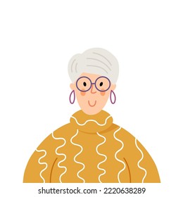 Vector flat illustration with elderly woman. Modern fashion female character isolated on white background.