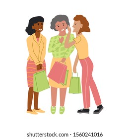 Vector flat illustration with elderly women who are chatting, laughing in hands of their shopping bags. Concept normal aging, preservation of youth, joy, healthy lifestyle at any age. White background