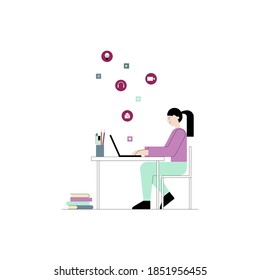 Vector flat illustration of e-learning, online education concept. Student girl sits at a table and learning with laptop. Online communication and social media