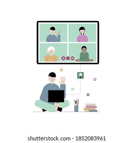 Vector flat illustration of e-learning, online education concept. Student boy is sitting on the floor and learning with laptop. Online communication and social media