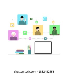 Vector flat illustration of e-learning, online education concept. Students with teacher stydying and learning in digital classroom platform. Online communication and social media