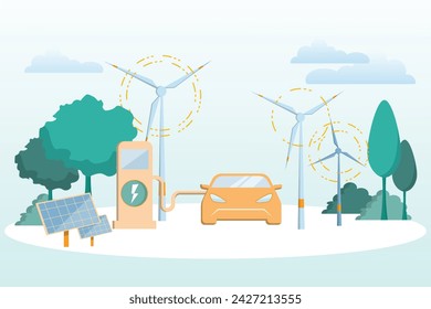 Vector Flat illustration of Electric Car Charging at the Charging Station. Green energy and Sustainable Energy Concept background. Electromobility e-motion concept.