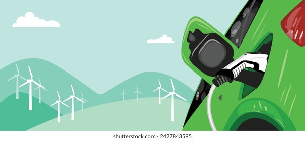 Ilustración plana del vector de la carga eléctrica del coche en la estación de carga. Concepto de energía verde y energía sostenible de fondo Concepto de electromovilidad e-motion. Turbinas de viento llenas en Green Hills