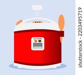 Vector flat illustration: Electric rice cooker is working and emitting some steam in the process. Suitable for children