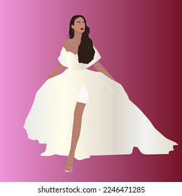 Vector flat illustration of an elegant beautiful bride in a modern fashionable wedding dress
