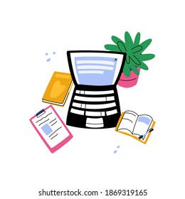 Vector flat illustration elements of desktop. It shows laptop, professional books, tablet with documents, sheets for writing, potted plant. Concept workflow.