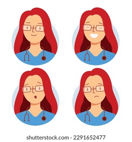 Vector flat illustration of the emotion of a red-haired girl doctor.