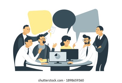 Ilustración plana vectorial. Los empleados están sentados en la mesa de negociaciones. Discusión conjunta de nuevos proyectos, pensamiento colectivo, análisis de información de la empresa.
