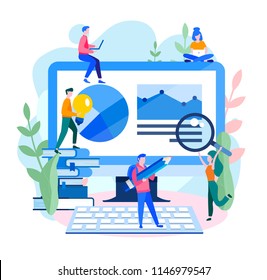 Vector flat illustration employees study infographics, analyze evolutionary scale, online training for web page, banner, presentation, social media, documents, cards, posters. success, reach a goal