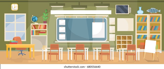 Vector flat illustration of an empty classroom in a school, university, college, institute with a blackboard, desks, chairs, bookshelves and empty banners for text