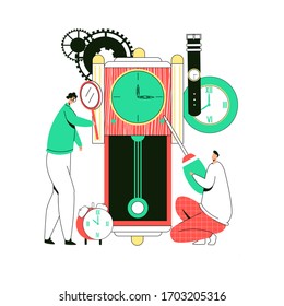 Vector flat illustration with enlarged clocks that are diagnosed, repaired by working watchmakers. Concept of repairing old clocks, and various hand held, wall mounted, others.