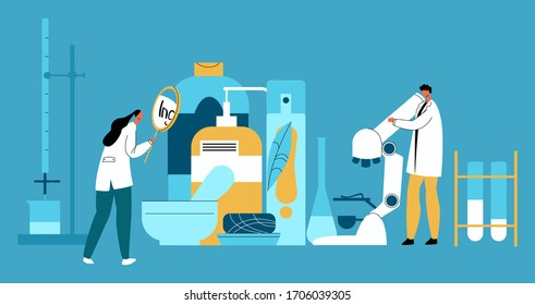 Vector flat illustration with enlarged hygiene products and laboratory technicians who examine their composition. Concept expertise, quality control, research composition of household products.