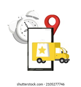 A vector flat illustration with an enlarged phone with a truck on the screen. There is clock in the background. Concept of delivery, online ordering, cargo transportation.