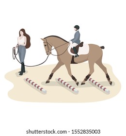 vector flat illustration of equestrian training with instructor and children begginer 