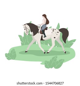 vector flat illustration of equestrian walking with horse and women rider