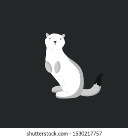 Vector flat illustration of an ermine. Arctic animals. Children's illustration of animals. White ermine on a dark background.