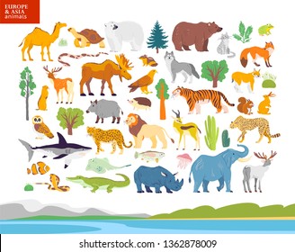 Vector flat illustration of Europe & Asia landscape, animals, plants: polar bear, moose, squirrel, wolf, elephant, tiger, rhino, crocodile, jaguar. For infographics, children book, alphabet, banners.
