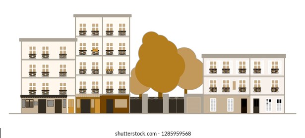 Vector flat illustration of Europe city landscape. Paris street in autumn. 