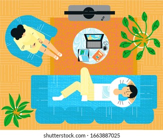 Vector flat illustration with event from family life of young couple during vacation with drawing of interior design, all items in room, top view, there is texture items. In web design, games, etc.