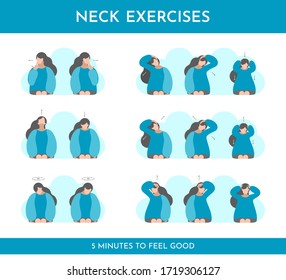 Vector flat illustration with exercises for neck, head, shoulders if its hurt. Stretching activity and self massage by girl . Blue colors. Template for desktop memo in office