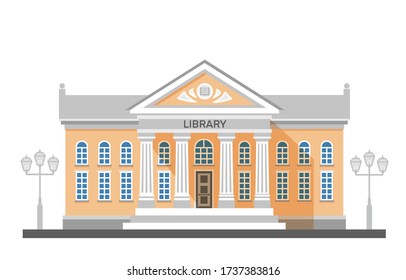 Vector flache Illustrationsfläche der Bibliothek mit Titel und Spalten auf weißem Hintergrund isoliert. Stadtarchitektur öffentliche Gebäude. Weltkulturerbe