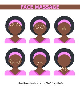 Vector flat illustration: face massage instruction demonstrated on young beautiful afro-american woman