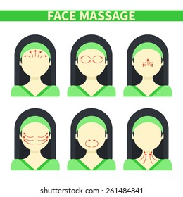 Vector flat illustration: face massage instruction demonstrated on young beautiful asian woman