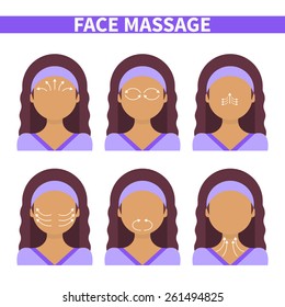 Vector flat illustration: face massage instruction demonstrated on young beautiful latina woman