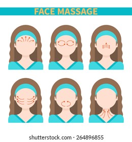 Vector flat illustration: face massage instruction demonstrated on young beautiful european woman in aquamarine clothes