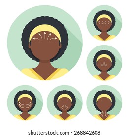 Vector flat illustration: face massage instruction demonstrated on young beautiful afro-american woman